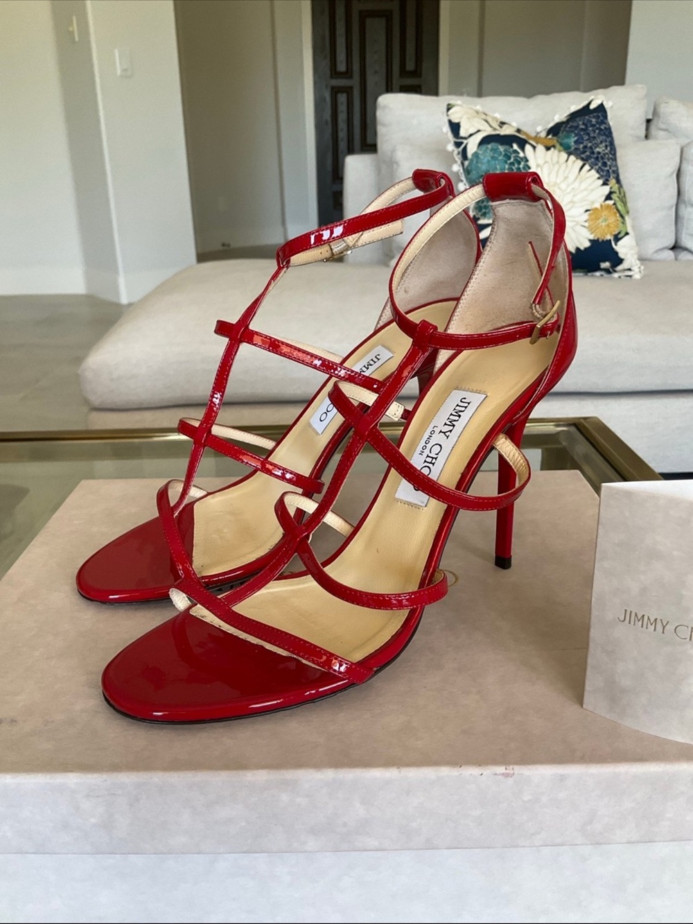 Authentic Jimmy Choo Malena red patent strappy cage sandal heels, 39